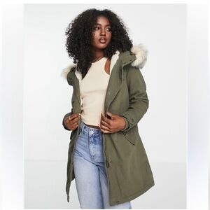 ASOS Khaki Utility Jacket with Faux Fur Hood